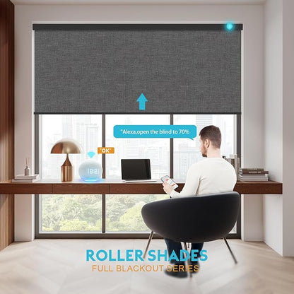 Motorized Blinds with Remote, Smart Blind Roller Shades Compatible with Alexa, Durable Rechargeable Battery Solar Power Electric Window Blinds Customized Size (3-Layer Dark Grey)