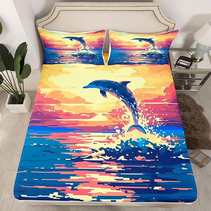 Pixel Dolphin Kids Twin Size Fitted Sheet,Ocean Cartoon Animal Sunset Boys Girls Bed Sheets,Video Games Pixel Blocks Room Decor,Blue Orange Bedding Set,1 Pillowcase(No Flat)