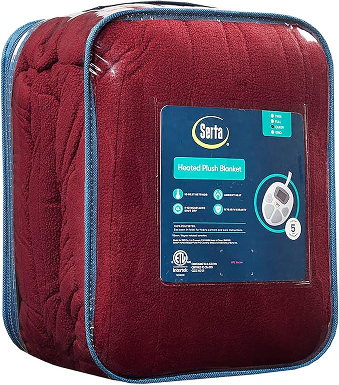 Serta Reversible Fleece to Sherpa Electric Blanket, Fast Heating, Auto Shut Off Timer, Multi Heat Setting, ETL Certified, Machine Washable, Berry Red Twin 84"x 62"