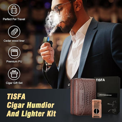 TISFA Cigar Case, Leather Cigar Humidor with Cigar Lighter, V Cut Cigar Cutter, Cigar Holder 3 in 1, Portable Cedar Wood Cigar Box with Humidifier Hygrometer, Cigar Accessories Gifts (Embossed Brown)