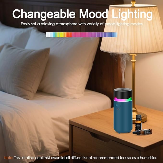 HODEMI Portable Smart Essential Oil Diffuser,Cold Mist Car Air Freshener Aromatherapy Diffuser with 10 LED Lights,Built-in Battery,Auto On/Off,4/8 Timer Modes,for Home Office and Travel (Blue)