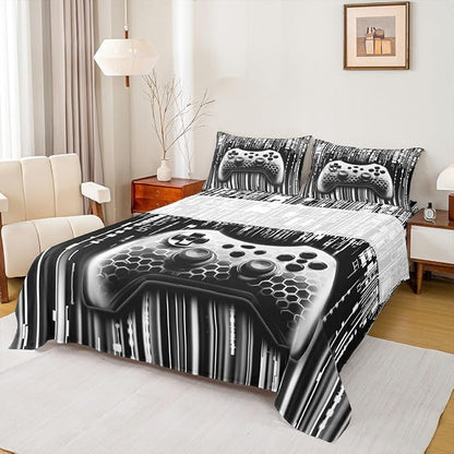 3D Gaming Gamepad Kids Sheet Queen Size,Geometric Neon Lights Honeycomb Hexagon Bedding Set,Boys Girls Room Decor,Modern Videogames Controller Grey Bed Sheet Set 4pcs(Fitted + Flat + 2 Pillowcases)