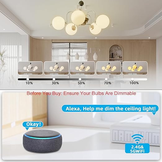 Wireless Dimmer Switch, Remote Light Switch and Receiver kit, Work with Alexa Voice Control, Smart Wall Switch Lighting Fixture for Dimmable LED/CFL INC/HAL Bulb of Ceiling Pendant Lamps, ETL Listed