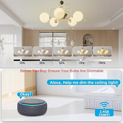 Wireless Dimmer Switch, Remote Light Switch and Receiver kit, Work with Alexa Voice Control, Smart Wall Switch Lighting Fixture for Dimmable LED/CFL INC/HAL Bulb of Ceiling Pendant Lamps, ETL Listed