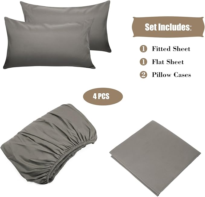 4 Piece Bed Sheet Set (Queen,Gray) 1 Flat Sheet,1 Fitted Sheet and 2 Pillow Cases,Brushed Microfiber Luxury Bedding with Deep Pockets