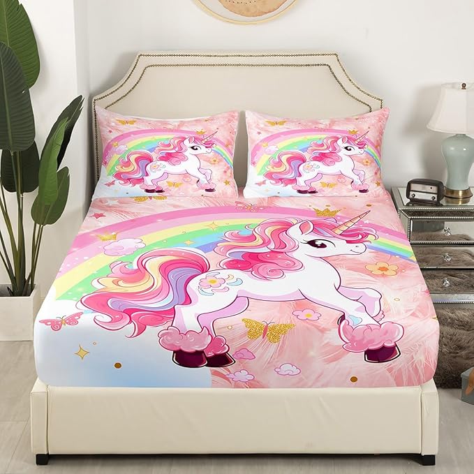 Manfei Cartoon Unicorn Kids Fitted Sheet Twin Size,Rainbow Cloud Dreamy Bedding Set,Girls Women Room Decor,Butterfly Flowers Cute Down Fitted Sheet,Pink Bed Sheet,1 Pillowcase