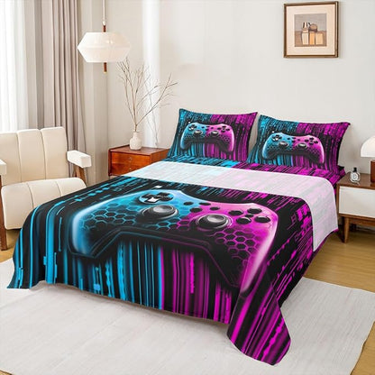 Manfei 3D Gamepad Kids Sheet Full Size,Videogaming Controller Bedding Set,Boys Girls Room Decor,Modern Geometric Honeycomb Hexagon Blue Pink Fashion Bed Sheet Set 4pcs(Fitted + Flat + 2 Pillowcases)