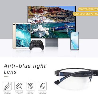 FONHCOO Reading Glasses for Women Men, Blue Light Blocking Reading Glasses Metal Half Frame Computer Readers Anti UV/Glare