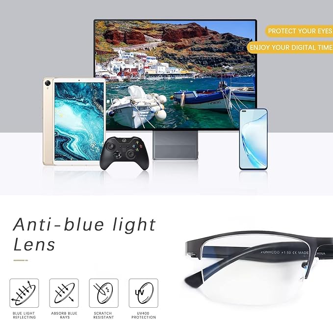 FONHCOO Reading Glasses for Women Men, Blue Light Blocking Reading Glasses Metal Half Frame Computer Readers Anti UV/Glare