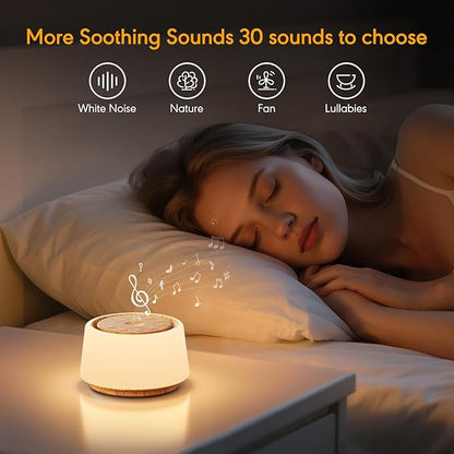 White Noise Machine with Night Light, 30 Soothing Sounds Portable Sound Machine for Baby and Adults, 10 Color Night Light, 5 Timer Options, Memory Function,Compact for Travel (Wood Grain)
