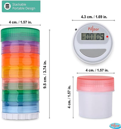 Portable Stackable Pill Organizer and Timer Cap with 14 Countdown Alarm presets. Comes with 1 Timer, 6 Small Stackable Containers, 1 Large Container, and 2 Magnetic Adapters. Travel Friendly.