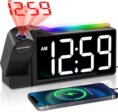 Peakeep Projection Alarm Clock for Bedroom Ceiling 180° Rotatable, Loud for Heavy Sleepers, Colorful Nightlight, 5 Brightness Dimmable Large Number Bedside Electric LED Digital Clock with USB Port
