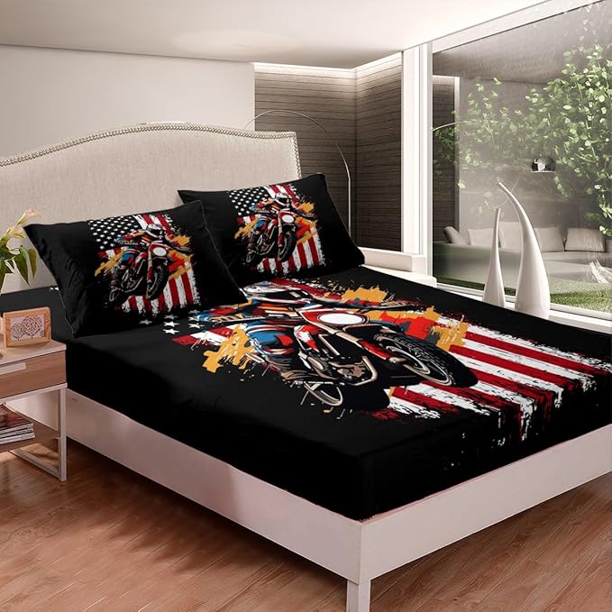 Cool Motorcycle Bedding Set Twin Size American Flag Racing Car Bed Set for Teens Bedroom Decor Kids Sheet Microfiber Extreme Sport Dirt Bike Bed Cover(1 Fitted Sheet+1 Pillow Case)