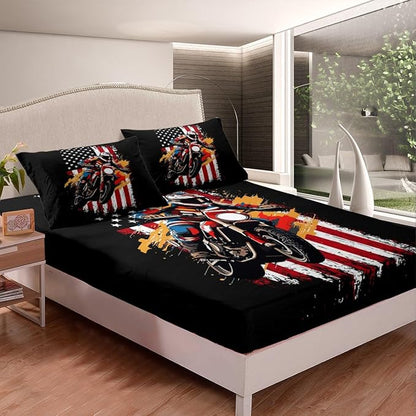 Cool Motorcycle Bedding Set Twin Size American Flag Racing Car Bed Set for Teens Bedroom Decor Kids Sheet Microfiber Extreme Sport Dirt Bike Bed Cover(1 Fitted Sheet+1 Pillow Case)
