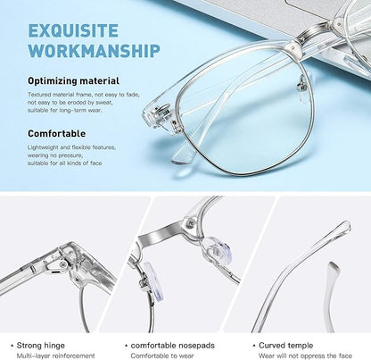 Blue Light Blocking Glasses Vintage Half Frame UV Clear Lens Anti Eyestrain Computer Gaming Glasses for Women Men (E-black Gold +crystal Silver)