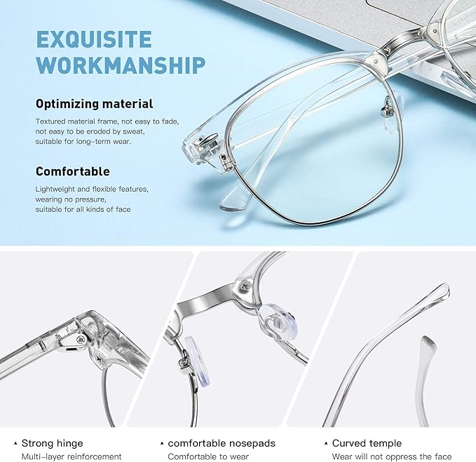 Blue Light Blocking Glasses Vintage Half Frame UV Clear Lens Anti Eyestrain Computer Gaming Glasses for Women Men(P53)