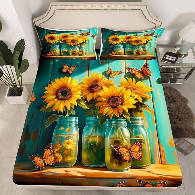 Sunflower Kids Twin Size Fitted Sheet,Flower Farmhouse Floral Boys Girls Bed Sheets,Rustic Butterfly Wooden Room Decor,Yellow Green Bedding Set,1 Pillowcase(No Flat)