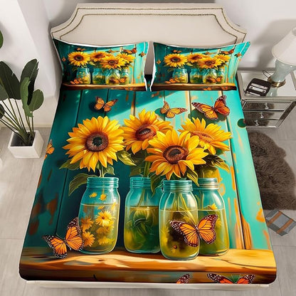 Sunflower Kids Full Size Fitted Sheet,Flower Farmhouse Floral Boys Girls Bed Sheets,Rustic Butterfly Wooden Room Decor,Yellow Green Bedding Set,2 Pillowcases(No Flat)