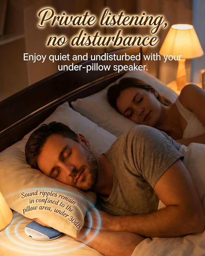 2026 New Flat Under Pillow Speakers for Sleeping, Bone Conduction Pillows Speaker Bluetooth, Private Ultra-Thin Aid with White Noise Timer, Mini Portable Slim Wireless Bedside Speak