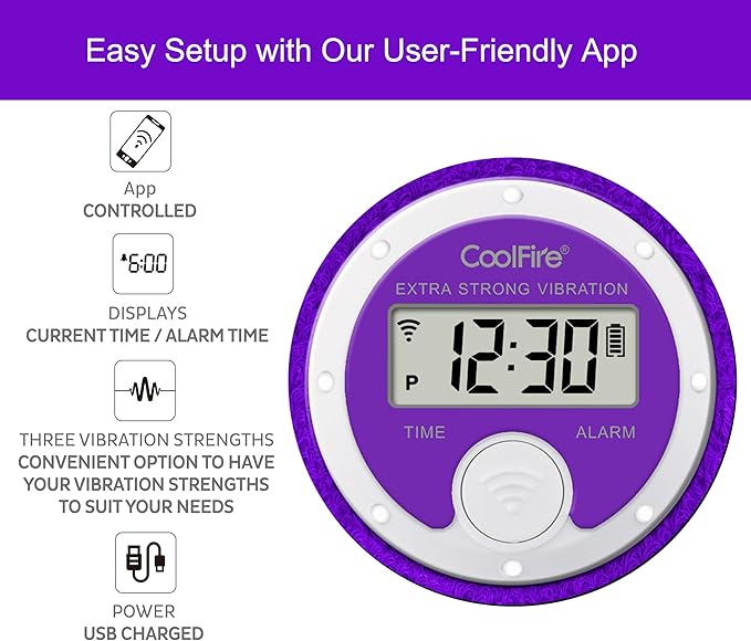 Coolfire Vibrating Alarm Clock Wristband, Silent Wake-Up Watch for Heavy Sleepers, Won’t Disturb Partner, Couples/Roommates, Deaf/Hearing Impaired, 4 Alarms, Bluetooth App, Rechargeable (Purple)