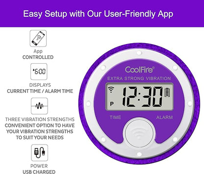 Coolfire Vibrating Alarm Clock Wristband, Silent Wake-Up Watch for Heavy Sleepers, Won’t Disturb Partner, Couples/Roommates, Deaf/Hearing Impaired, 4 Alarms, Bluetooth App, Rechargeable (Purple)