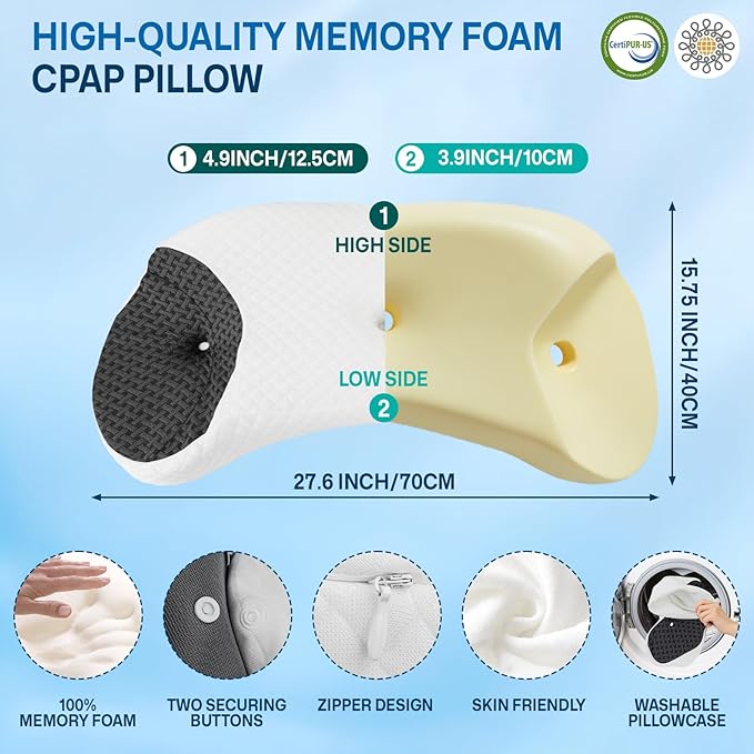 CPAP Pillow for Side & Back Sleepers - Mask Compatible Contour Design to Reduce Leaks, Breathable Memory Foam Pillow with Ergonomic Support & Hose-Friendly Cutouts for Comfortable Sleep, Black
