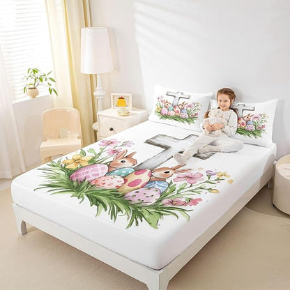 Cute Rabbit Fitted Sheet Queen Size Happy Easter Cartoon Animal Bedding Set for Kids Bedroom Easter Egg Spring Flowers Bed Sheet Set 3pcs White Colorful Deep Pocket Mattress Cover,No Top Flat