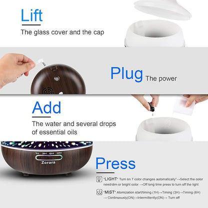 Essential Oil Diffuser 550ml Cool Mist Humidifier 3D Glass Ultrasonic Aromatherapy Humidifier with 7 Color Changing Led Lights, Waterless Auto Shut-Off, Adjustable Timer for Home Bedroom Office