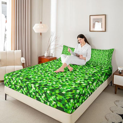 Pixel Check Kids Full Size Fitted Sheet,Video Games Geometric Lattice Boys Girls Bed Sheets,Game Cartoon Gamepad Room Decor,Green Bedding Set,2 Pillowcases(No Flat)