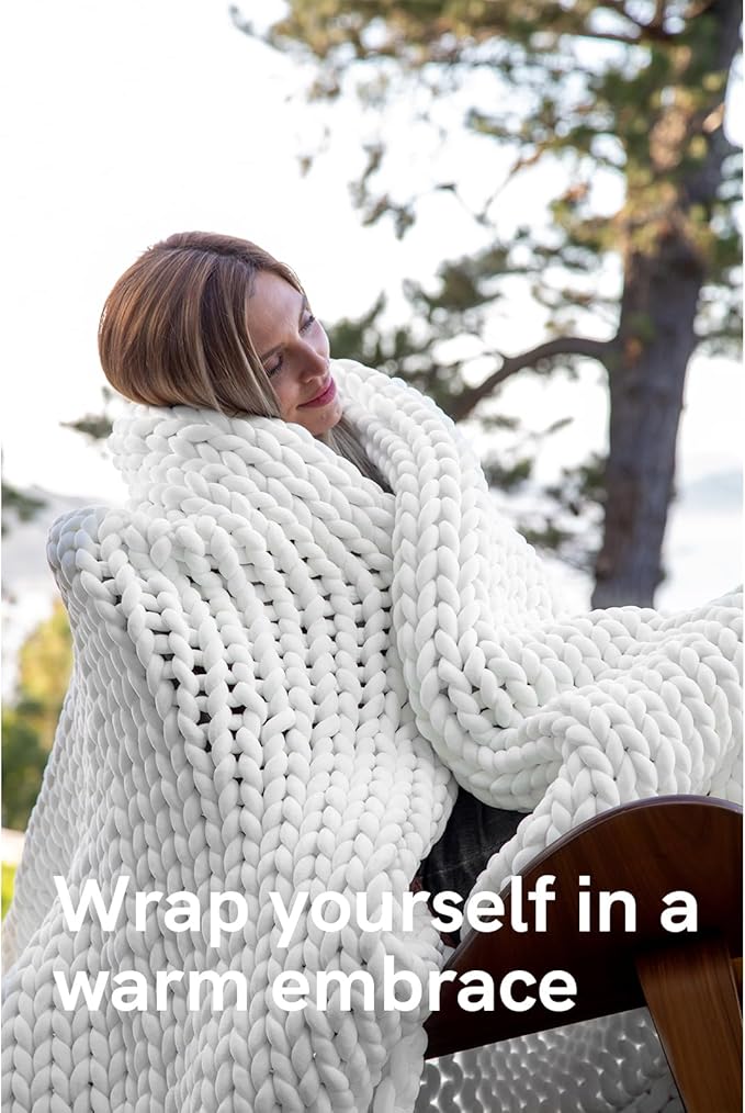 YnM Velvet Weighted Blanket, Handmade Chunky Knitted Design, Soft and Cozy, Temperature Regulating and Breathable, Machine Washable Throw for Sleep or Home Decor (White, 80x87 Inch, 25lbs)