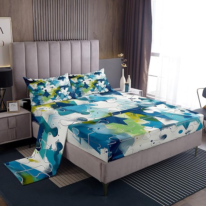 Manfei Abstract Geometric Bed Sheet Queen Size,Watercolor Blue Green Paint Sheets,Modern Geometric Grids Lines Splicing Bedding Sets (1 Fitted,1 Flat,2 Pillowcases) Deep Pocket Bed Sheets