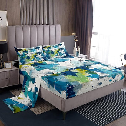 Manfei Abstract Geometric Bed Sheet Set Twin Size,Watercolor Blue Green Paint Sheet Set Kids Teens,Modern Geometric Grids Lines Splicing Bedding Set with 1 Flat & 1 Fitted Sheet with 1 Pillow