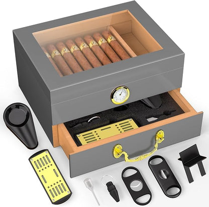 Cigar Humidor Box - Spanish Cedar Small Table Top Humidors for 20-50 Cigars with Accessories and Humidifier - Storage Drawer - Stylish Desktop Cigar Holder for Men - Portable Travel Case Light Gray
