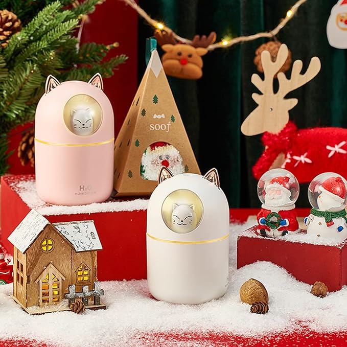 Cute Portable Pink Cool Mist Humidifier with 6 Pcs Filter Cotton Sticks, 7 Color Night Light, USB, for Bedroom, Office, Desk, Car, Travel