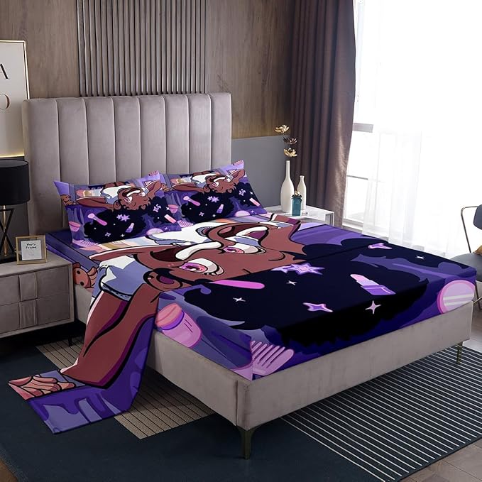 Black Princess Girl Kids Sheet Full Size,African American Cartoon Cosmetic Bedding Set, Star Magical Cute Y2K Chic Kids Room Decor,Purple Sheet(Fitted+Flat+2 Pillowcases)