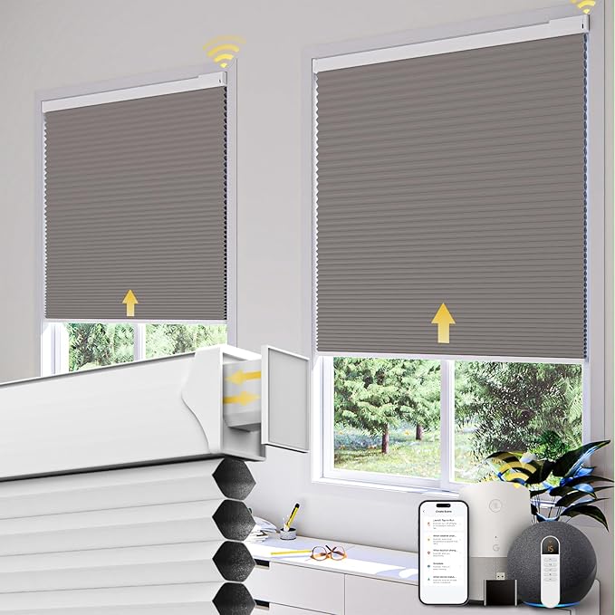 CINONEKO Custom Size(21-69"W x 22-93"H) Motorized Cellular Shades,No Drill Smart Honeycomb Blinds【Free Solar Powered】Automatic Blinds for Indoor Windows Cordless Electric Shades Compatible with Alexa