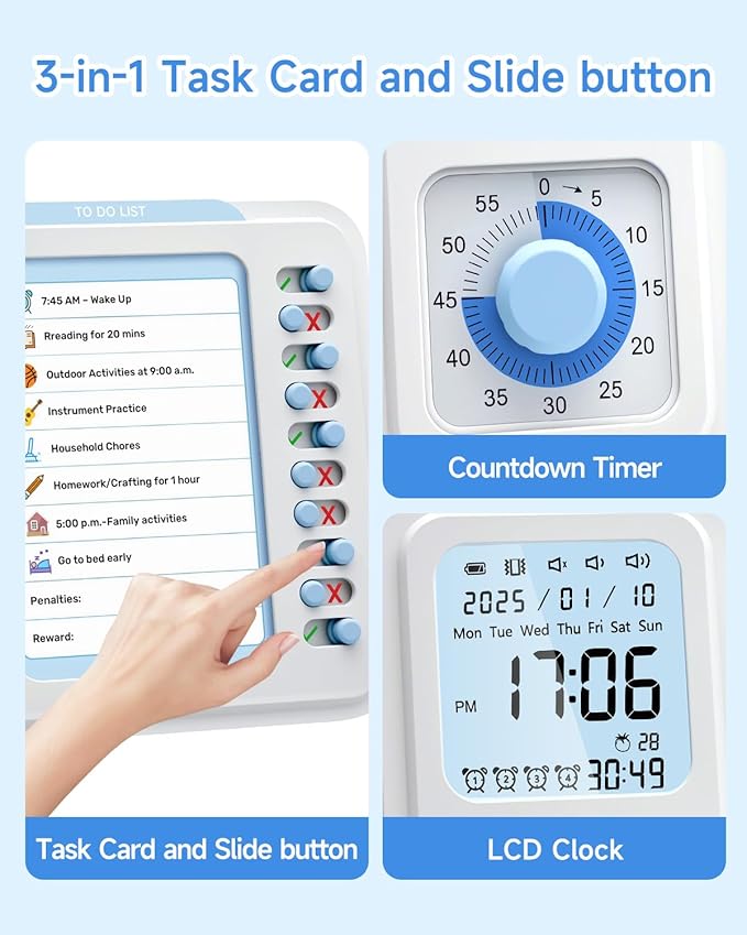 Visual Timer for Kids with Planning Board, 3-in-1 Visual Schedule for Kids with Autism & ADHD, Chore Chart for Home, School, Classroom, Desk