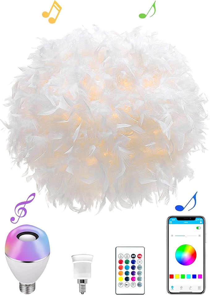 Star Vision Smart Feather Lamp with RGB Light Bulb, Built-in Bluetooth Speaker, Remote & APP Control, Fluffy Girl Room Decor, 600 Lumens, 15.7inches, White