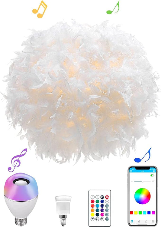 Star Vision Smart Feather Lamp with RGB Light Bulb, Built-in Bluetooth Speaker, Remote & APP Control, Fluffy Girl Room Decor, 600 Lumens, 15.7inches, White