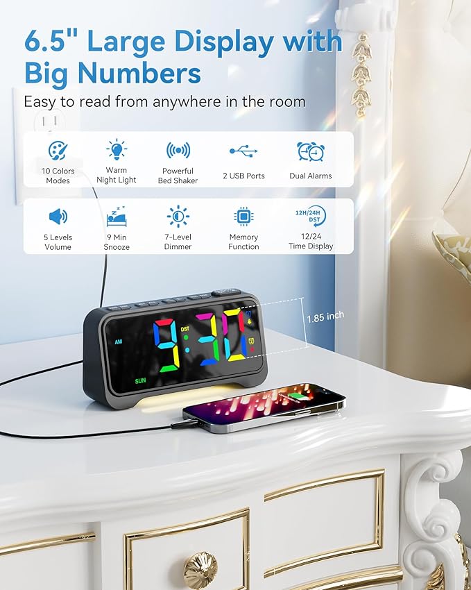 Alarm Clock for Kids Teens, Dynamic RGB Alarm Clock for Bedroom Bedside, Nightstand Desk Clock with Night Light, Large Numbers, 2 USB Phone Charger, Dimmer and Volume Control, Snooze, 12/24Hr