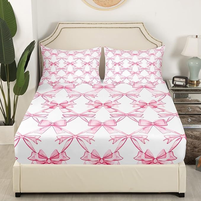 Pink Bowknot Bedding Set Full Size,Watercolor Bow-tie Princess Style Paint Fitted Sheet,Dreamy Bow Crossed Grids Lines Pink White Sheet Set for Kids Teens Adults Bedroom Decor,2 Pillowcases