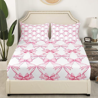 Pink Bowknot Bedding Set Full Size,Watercolor Bow-tie Princess Style Paint Fitted Sheet,Dreamy Bow Crossed Grids Lines Pink White Sheet Set for Kids Teens Adults Bedroom Decor,2 Pillowcases
