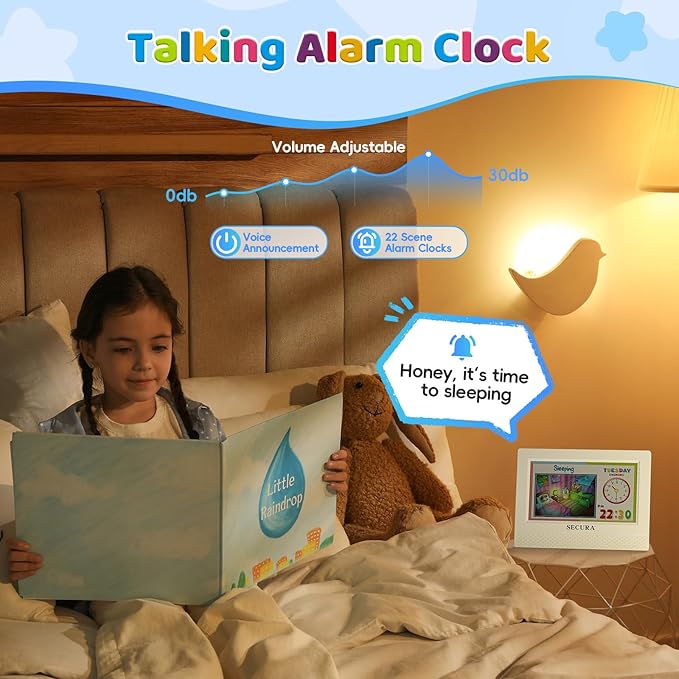 Secura TimeTact Reminder for Kids, 7" LED Talking Alarm Clock with Countdown Visual Timer, 17 Daily Reminders & 5 Custom Alarms Habit Reminder and Scheduler (White)