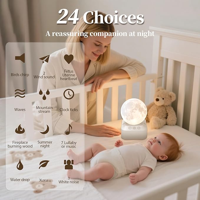 White Noise Sleep Machine with Moon Lamp Night Light,24 Soothing Sounds,Adjustable RGB Color Changing,Sleep Aid for Babies & Adults,Timer & Type-C Rechargeable,Reduces Stress & Improves Sleep Quality