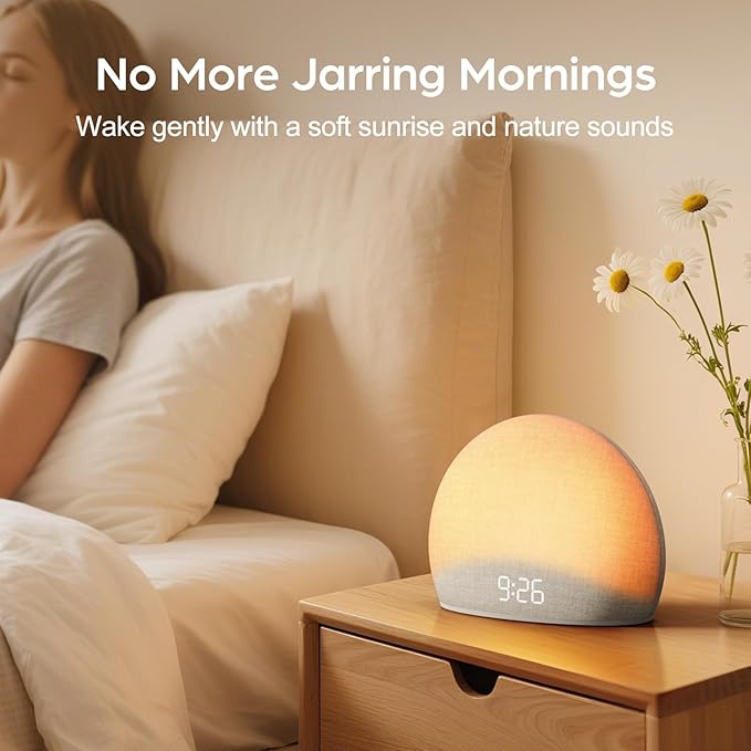 HOUSBAY Sunrise Alarm Clock, White Noise Sound Machine for Bedroom | Natural Wake-Up Light with Gentle Alarm Sounds, 20 Soothing Sleep Aids, Dimmable Display, Screen-Free Design