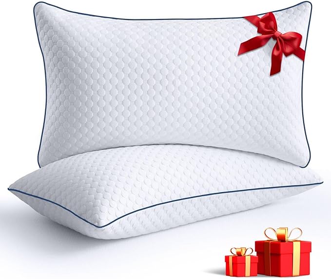 Cooling Standard Pillows Set of 2, Shredded Memory Foam Pillows Standard Size, Adjustable Firm Bed Pillows for Side Back Stomach Sleepers, Standard Pillow for Sleeping with Zip Washable Cover