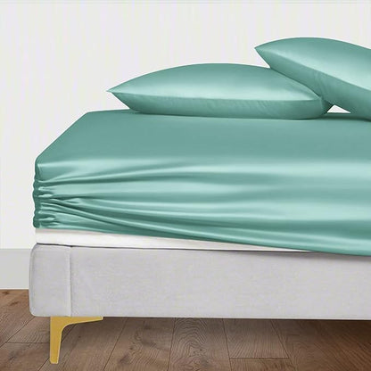 LINENWALAS Fitted Sheet Only Viscose Derived from Bamboo, Bottom Sheet for Queen Size Bed – 16” Deep Pocket, All Around Snug Fit – Cooling, Breathable, Soft, Hypoallergenic (Aqua, Queen)