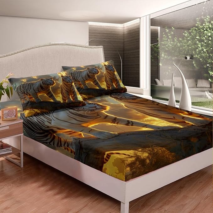 Tiger Kids Fitted Sheet Full Size,Wild Animals Rustic Farmhouse Tiger Fur Bedding Set,Boys Girls Room Decor,Sunset Hunting Adventure Bed Cover,Brown Country Bed Sheet,2 Pillowcases