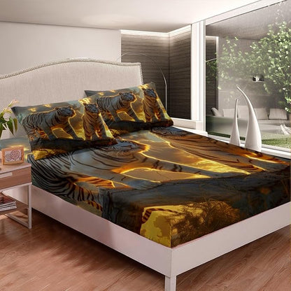 Tiger Kids Fitted Sheet Queen Size,Wild Animals Rustic Farmhouse Tiger Fur Bedding Set,Boys Girls Room Decor,Sunset Hunting Adventure Bed Cover,Brown Country Bed Sheet,2 Pillowcases