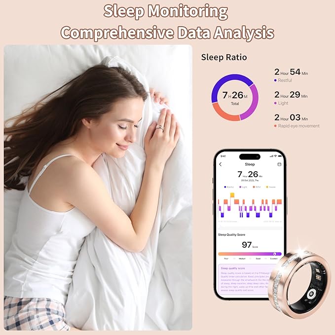 Smart Ring for Women & Men - Health & Fitness Tracker with Heart Rate, Blood Oxygen, Sleep Monitoring, 128 Sports Modes, IP68 Waterproof, Gesture Control, No Subscription Fees (9#)